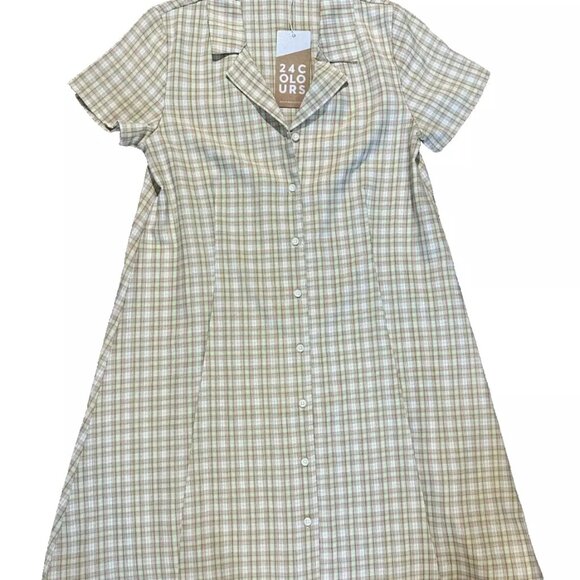 24 Colours Women Tan Green Checkered Mini Shift Dress Size Small 36 - Picture 1 of 6